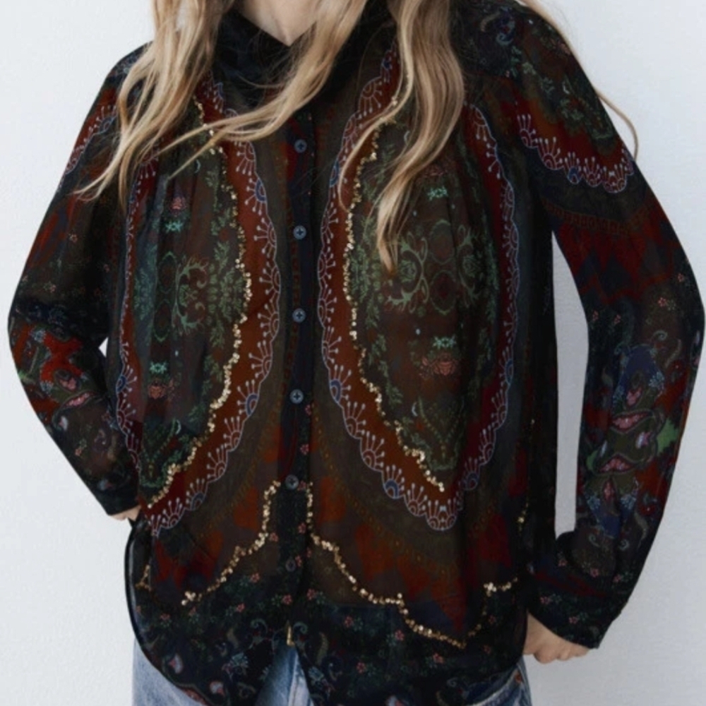 Zara Sheer Paisley Patterned Velvet Collared Button Front Blouse In Black/Red